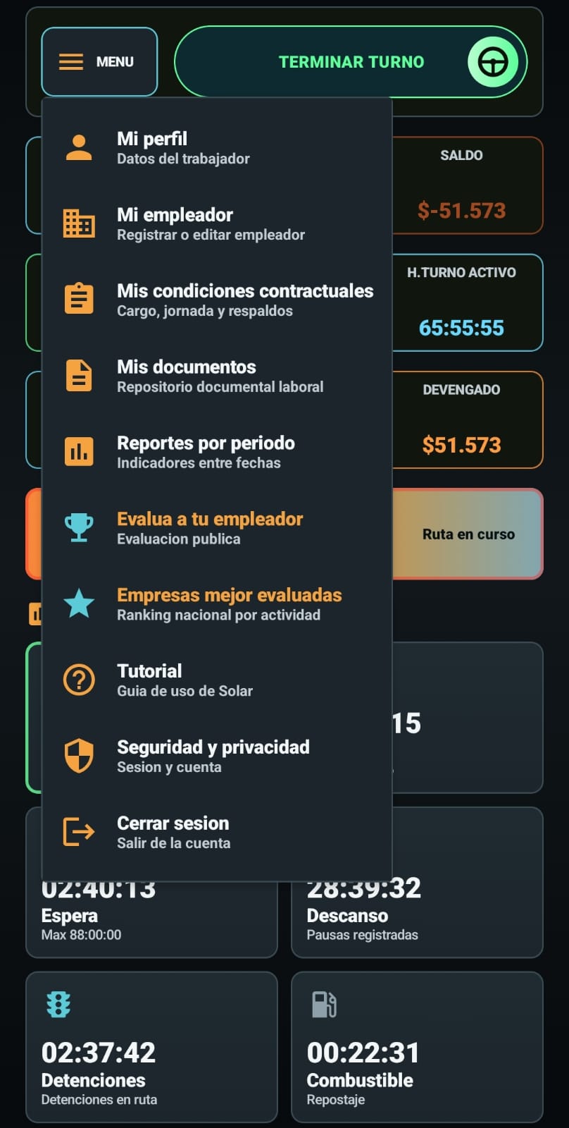 Menu de herramientas laborales de SolarApp